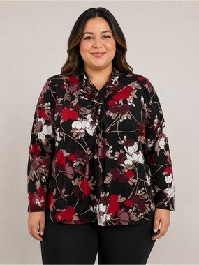 Plus Size Black Floral Tie-Neck Top - Red & White